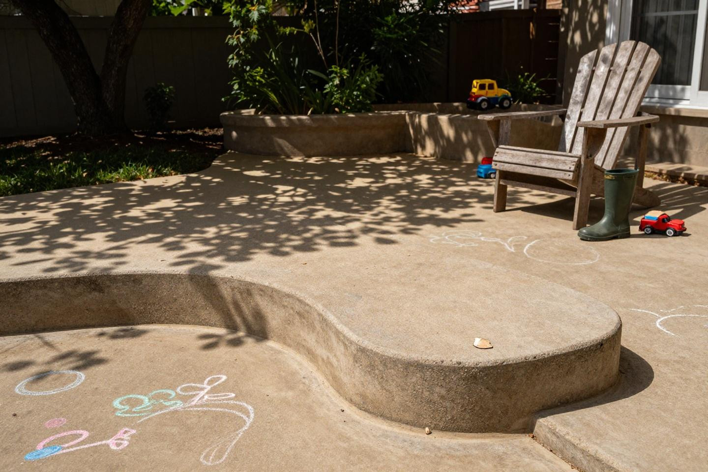 Modern stamped concrete patio with free-form edge and built-in seating