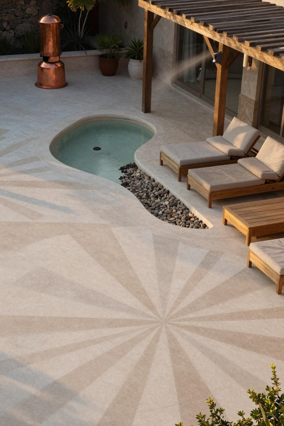Concrete backyard ideas featuring custom sunburst pattern and water feature