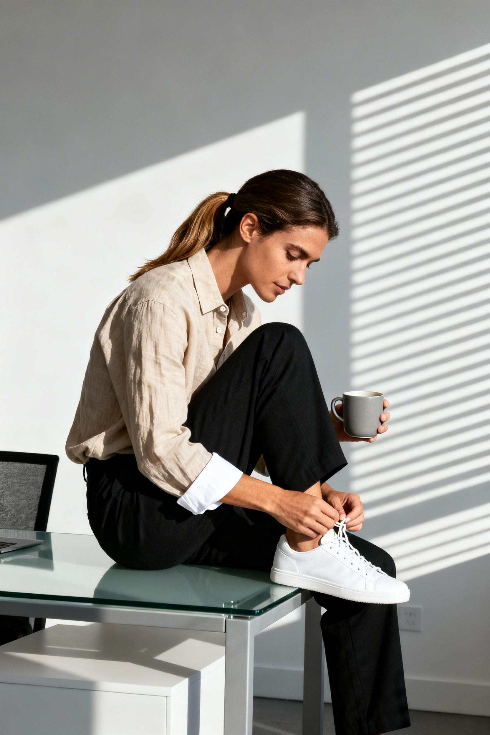 Basic Office Outfits Women - beige linen black trousers sneakers