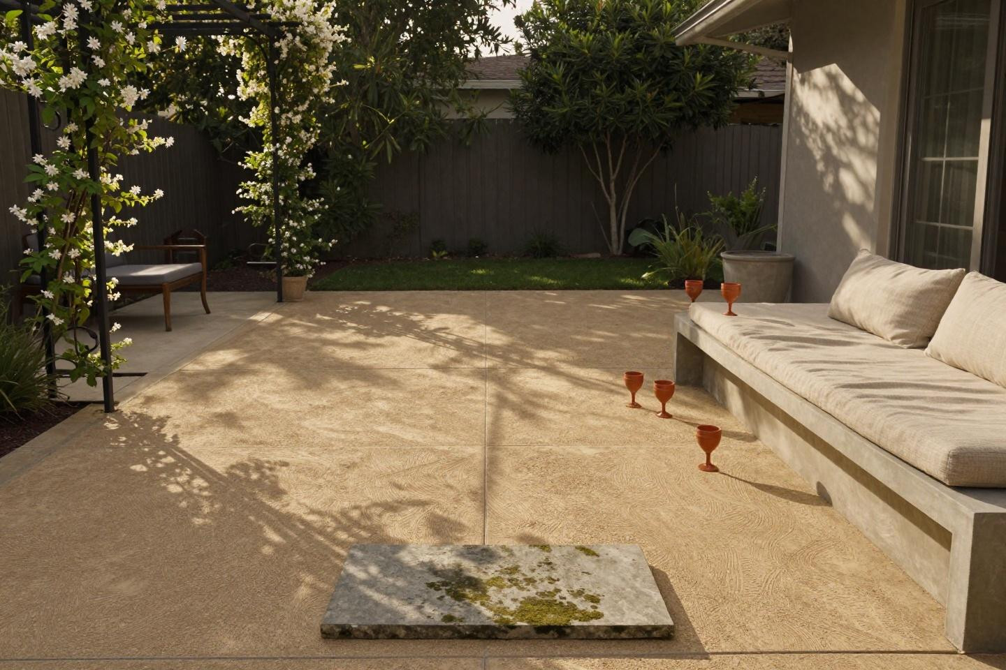 Cement patio ideas backyard with exposed aggregate and radiant heating grid