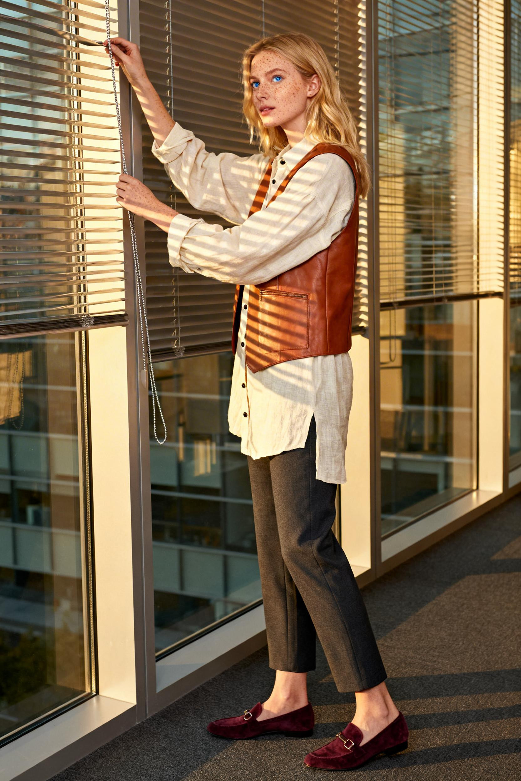 Simple Outfits For Work - cream linen cognac vest