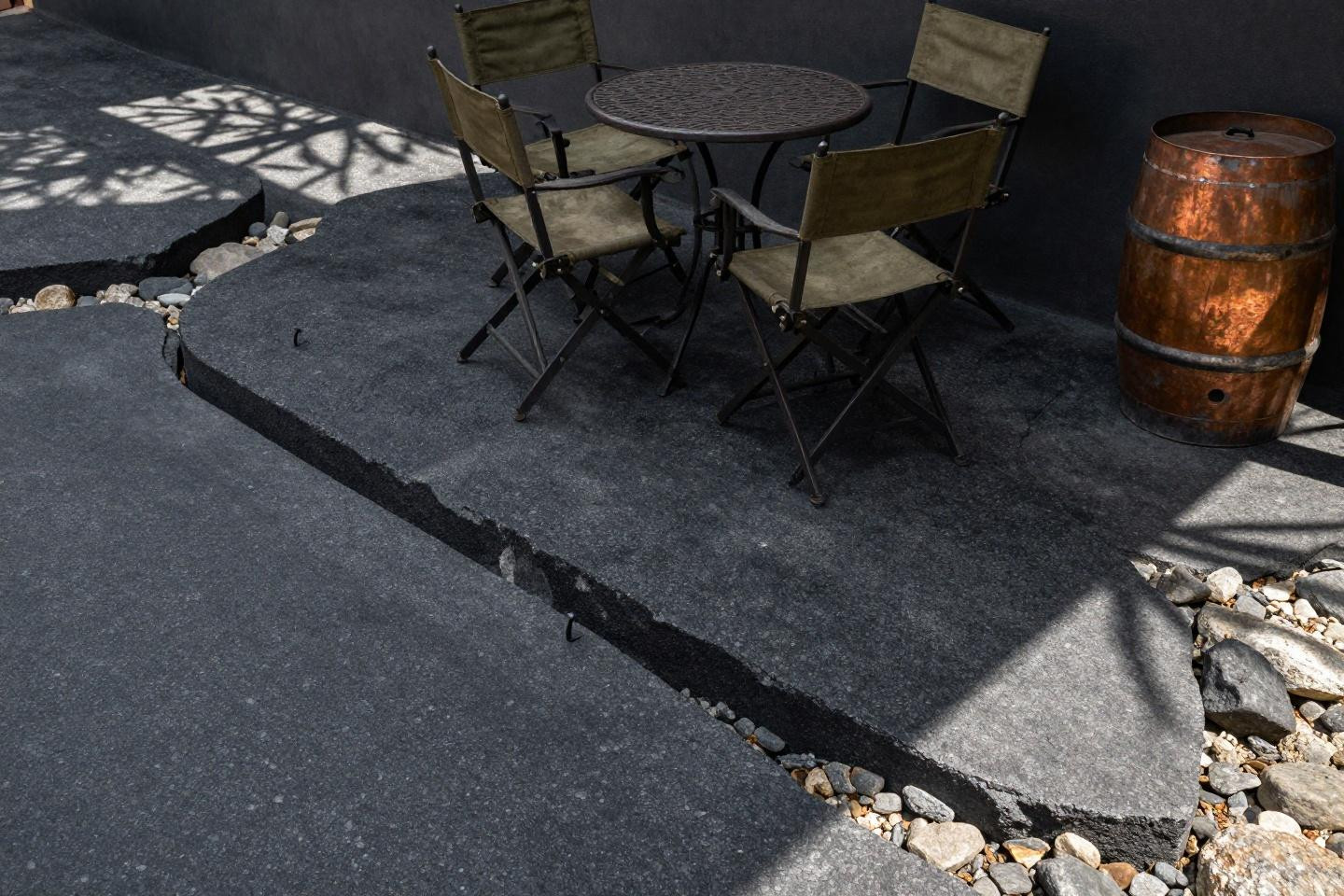 Paver backyard ideas using fractured concrete stepping stones with exposed aggregate