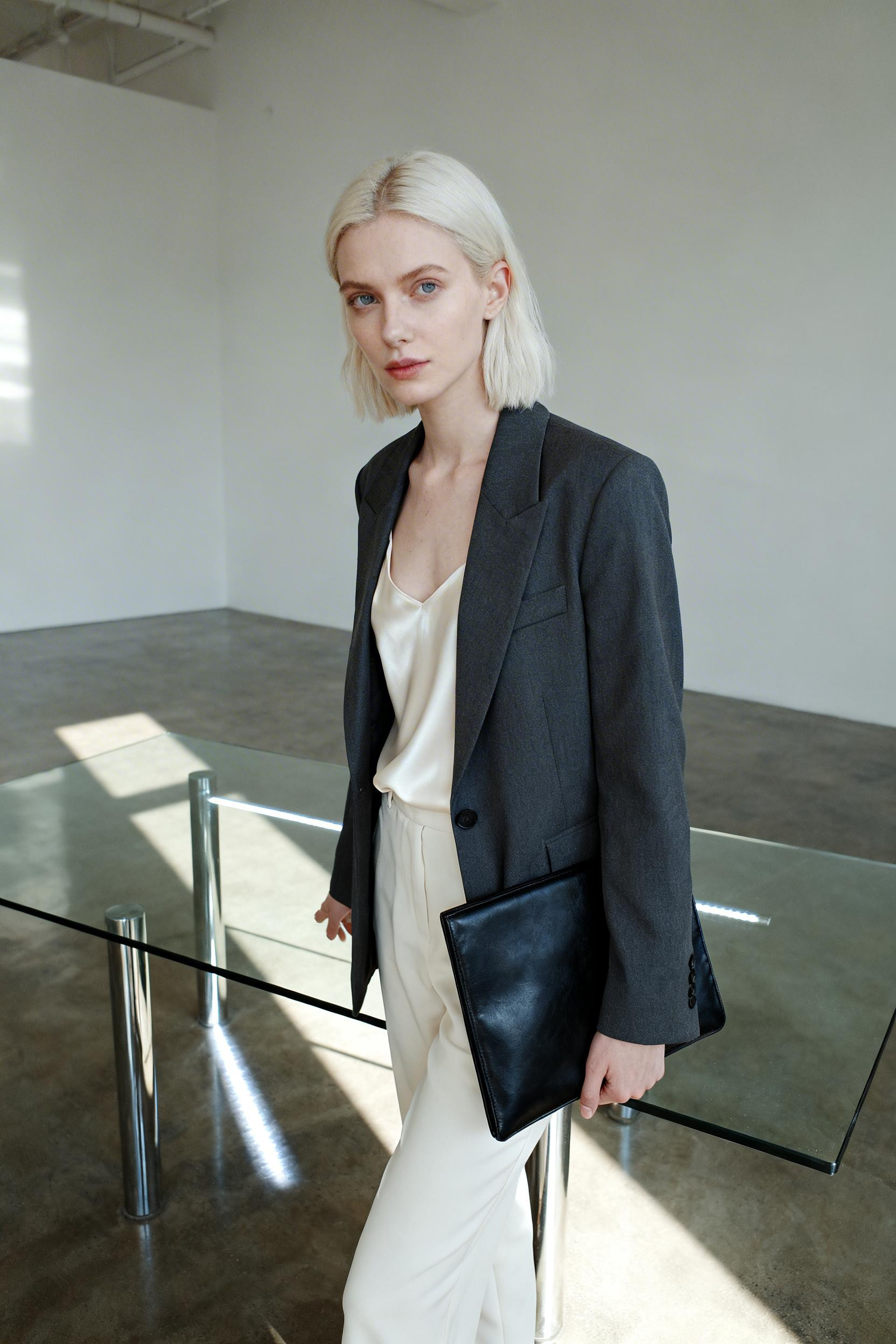 Easy Work Outfits - charcoal blazer cream camisole