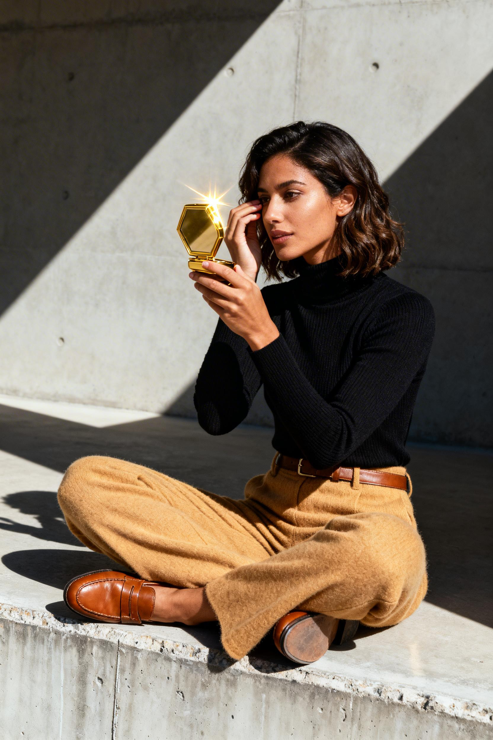 Trendy Office Outfits - black turtleneck camel wool trousers