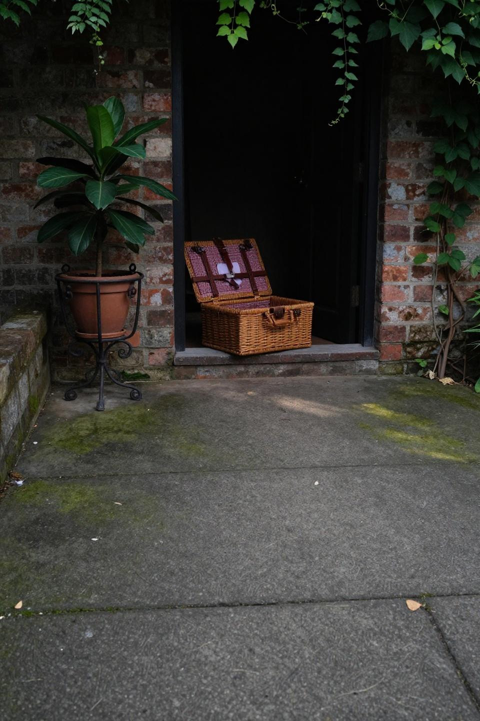 Cozy backyard concrete patio with ashlar stamped pattern in charcoal grey