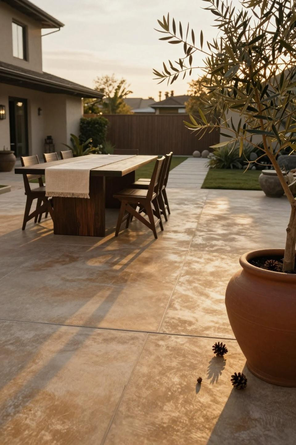 Modern stamped concrete patio with warm honey-gold stained finish and radiant heating