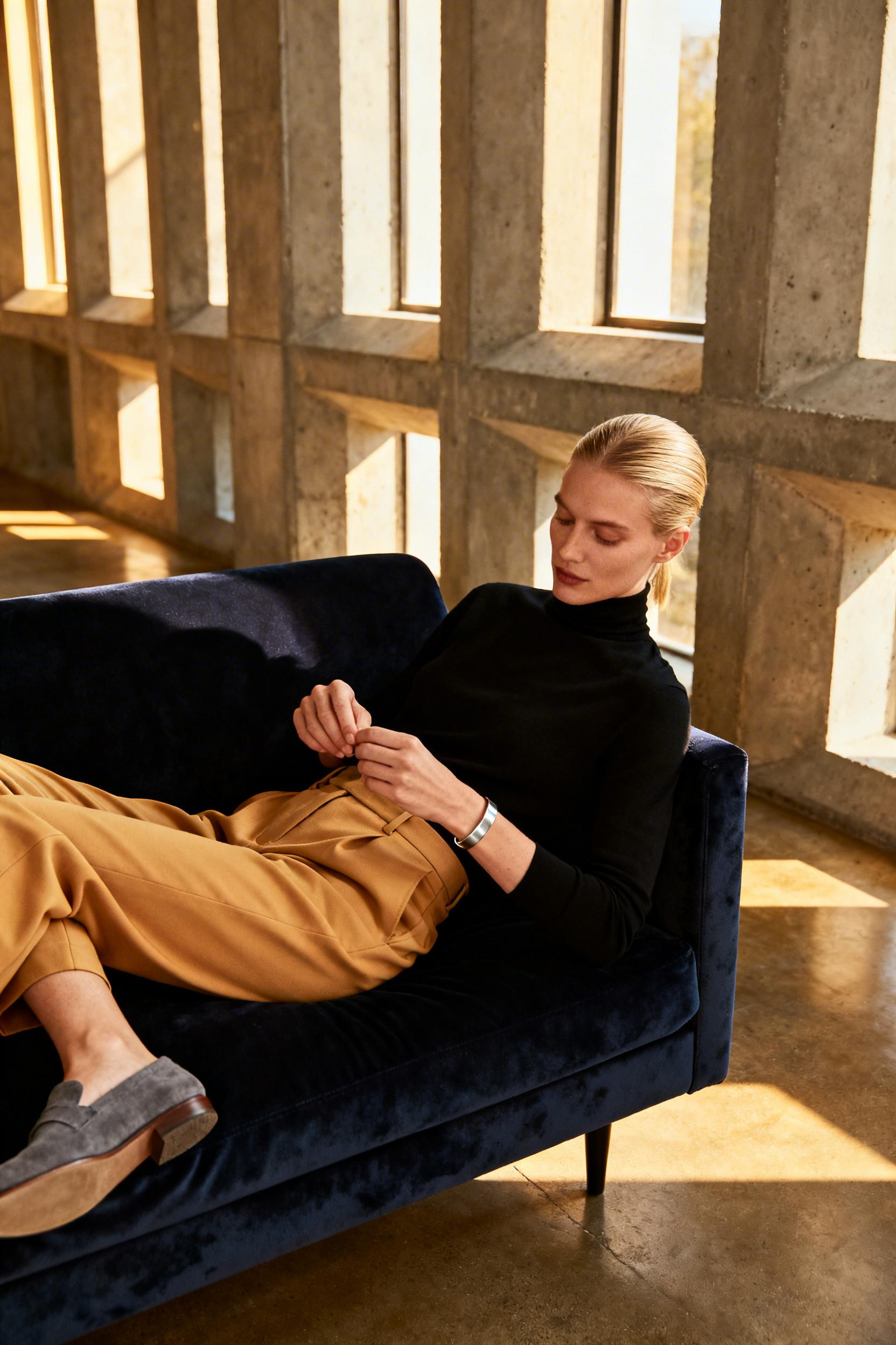 Simple Outfits For Work - black mockneck camel trousers