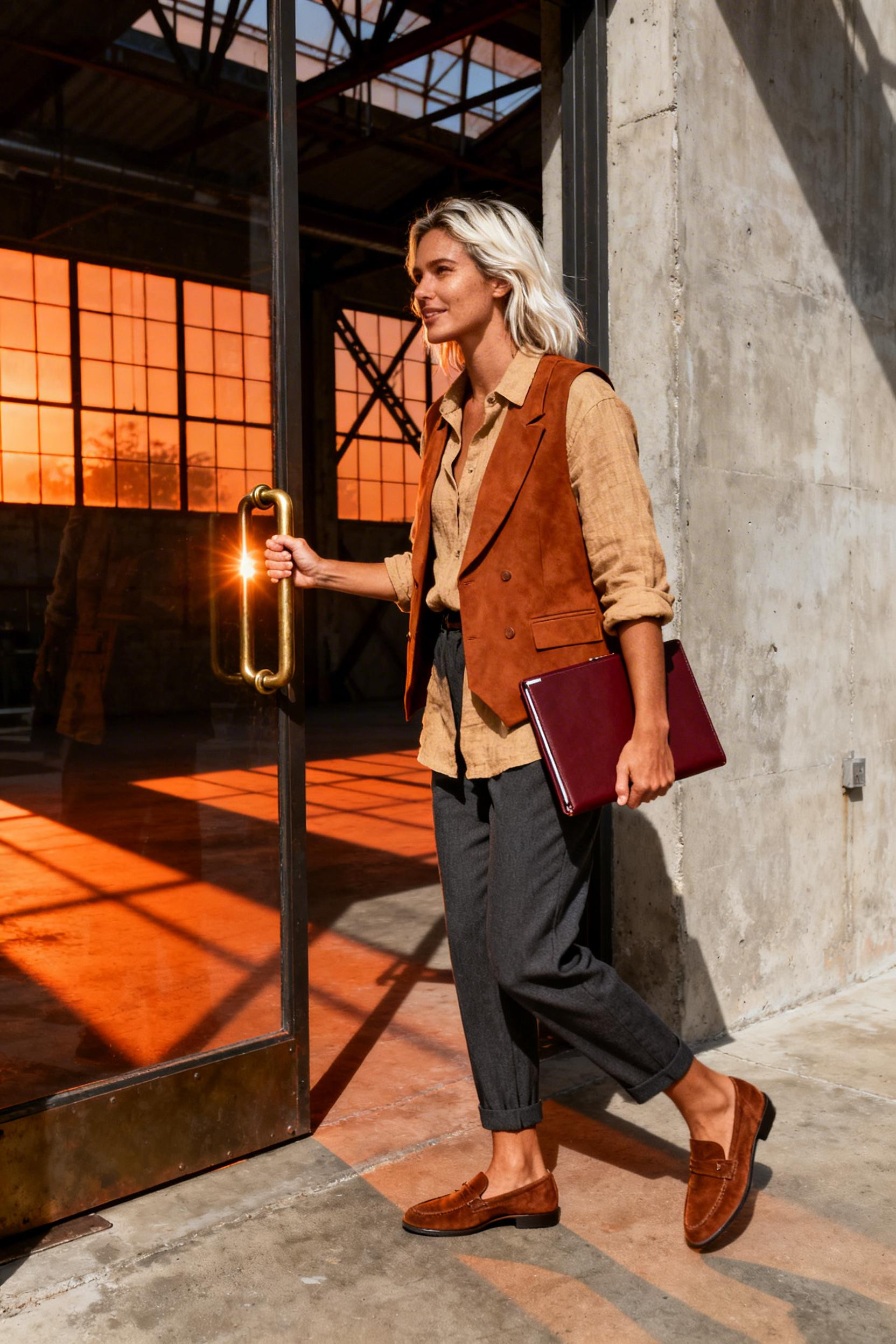 Office Outfit Inspiration - camel shirt cognac vest