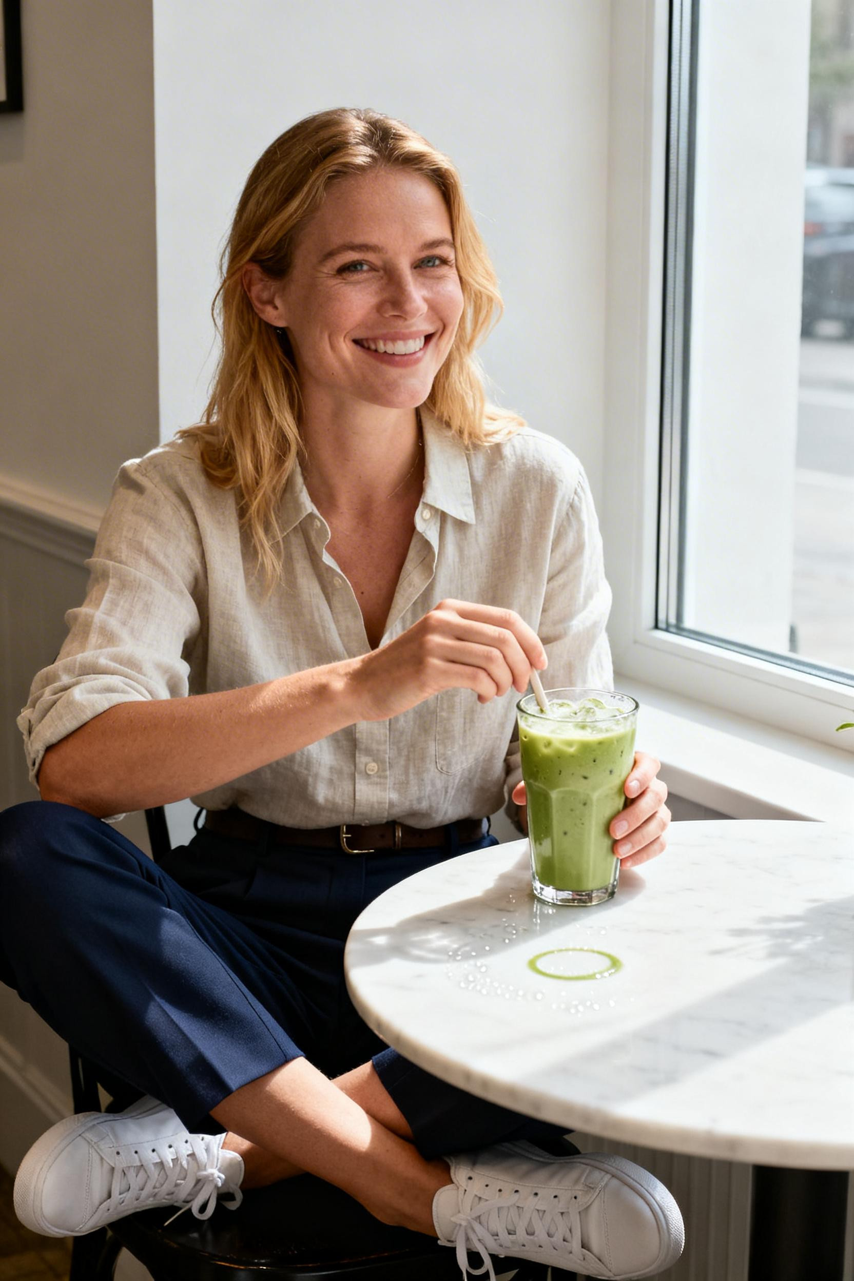 Trendy Office Outfits - oat linen shirt navy trousers
