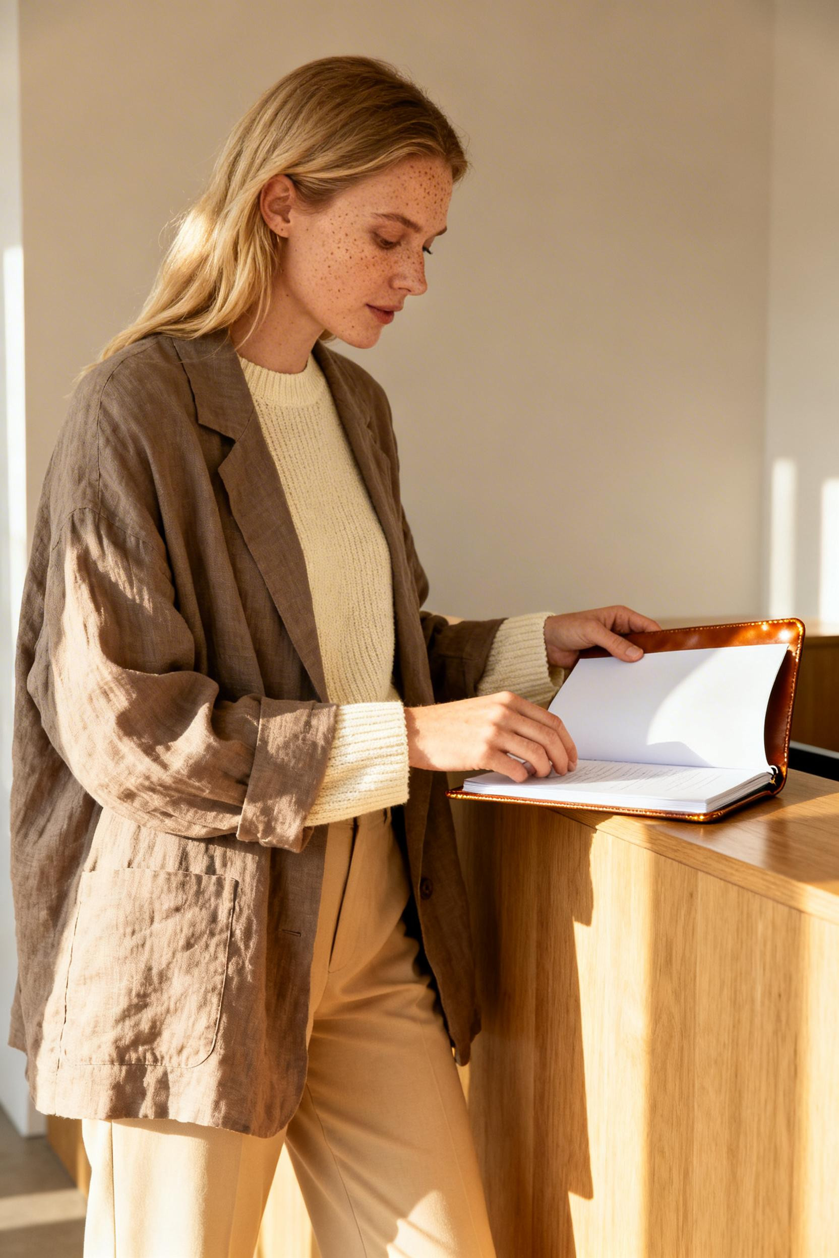 Elegant Work Outfits - taupe linen blazer cream knit