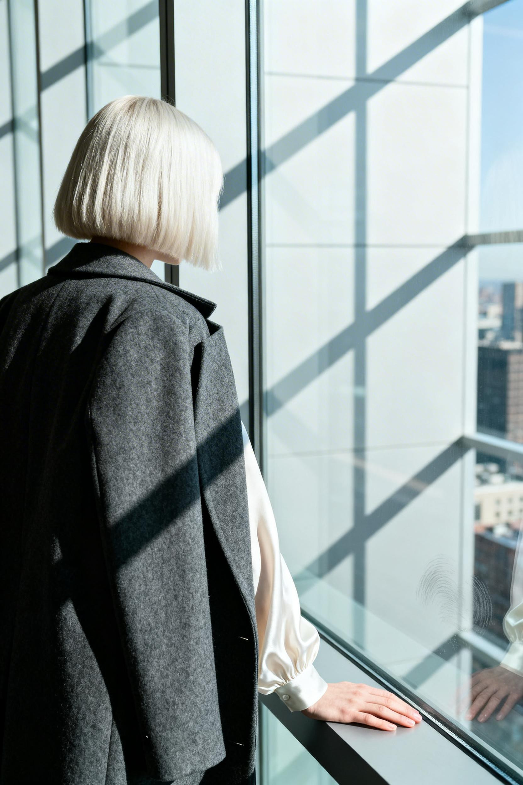 Business Chic Outfits - charcoal coat ivory blouse