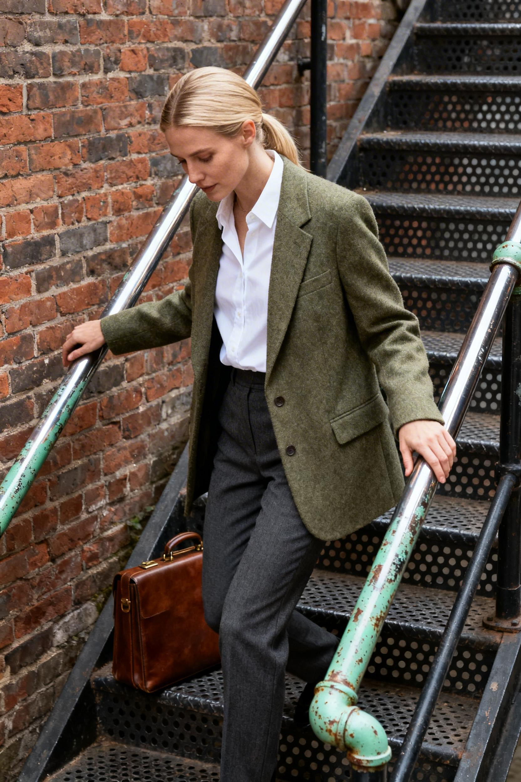 Office Elegant Outfit - sage blazer white shirt