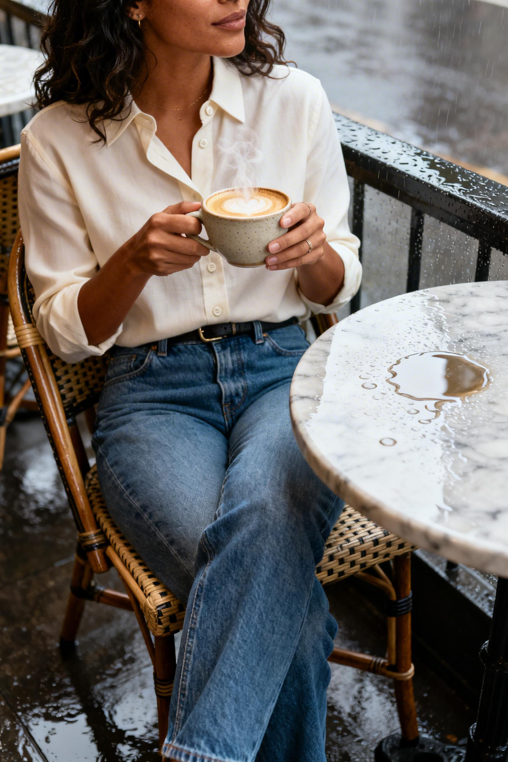 Straight Fit Jeans Outfit Women - cream shirt café