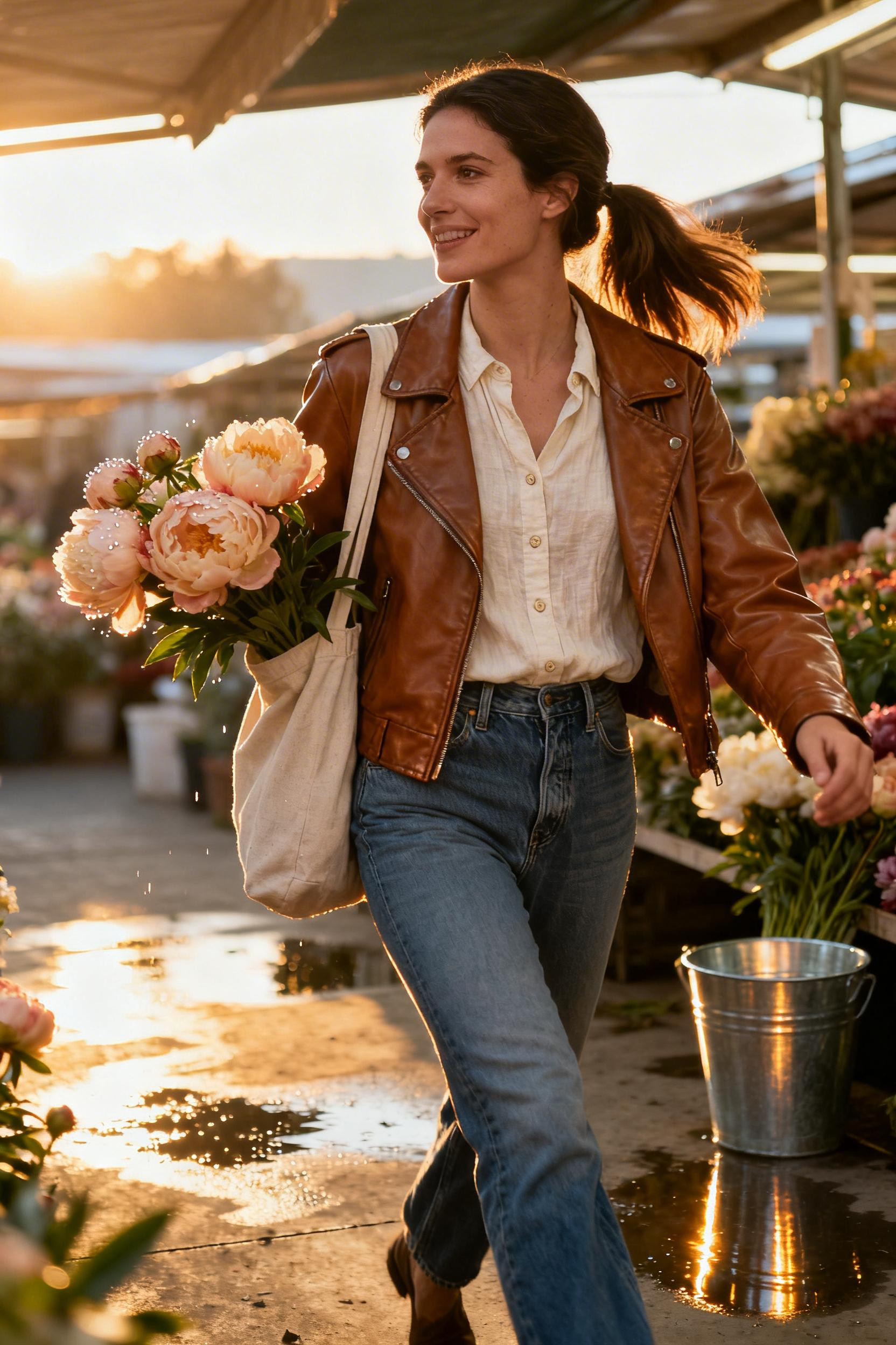 Airport Outfit - leather jacket linen jeans