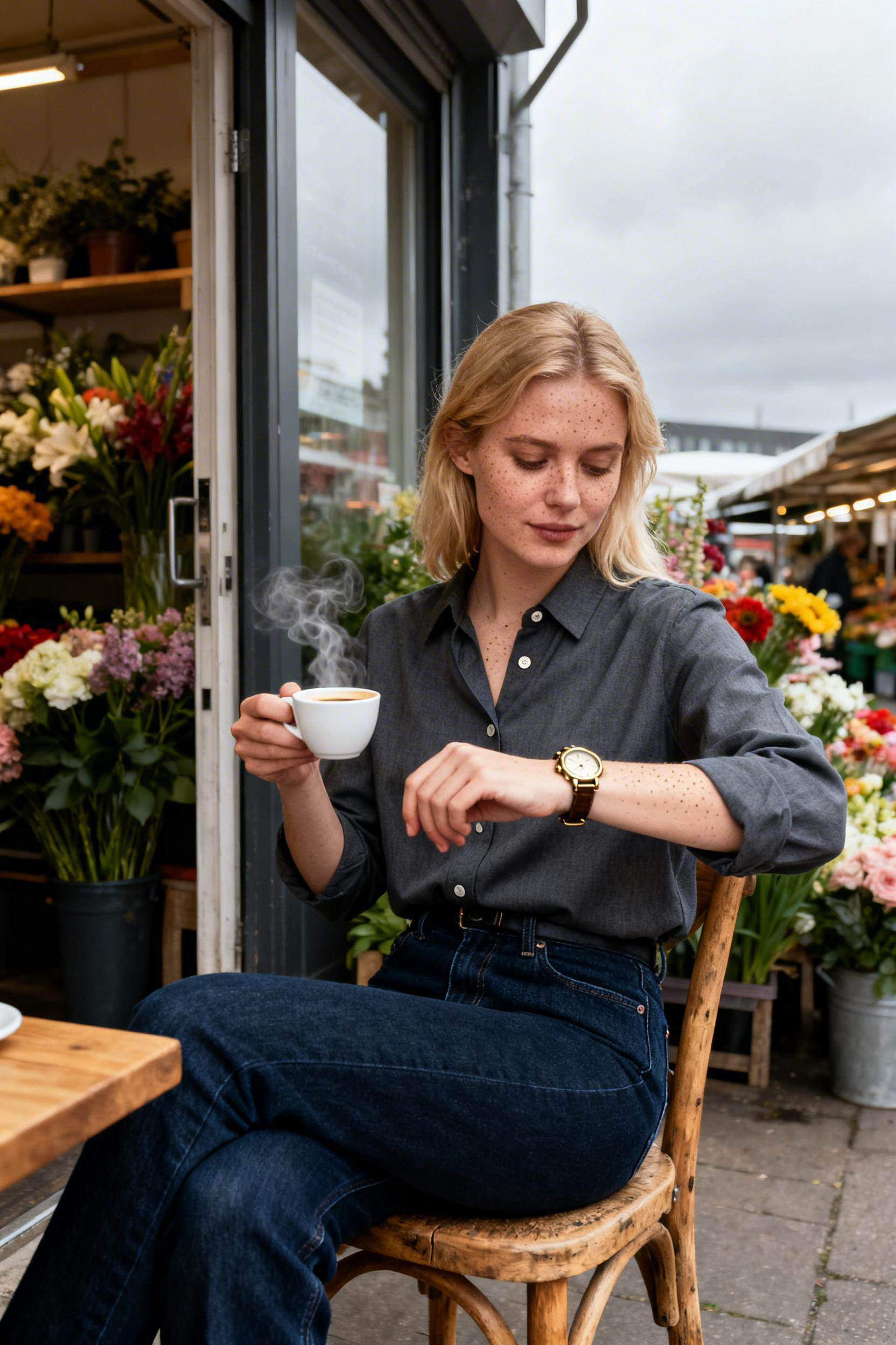 Blue Jeans Work Outfit - charcoal shirt indigo jeans