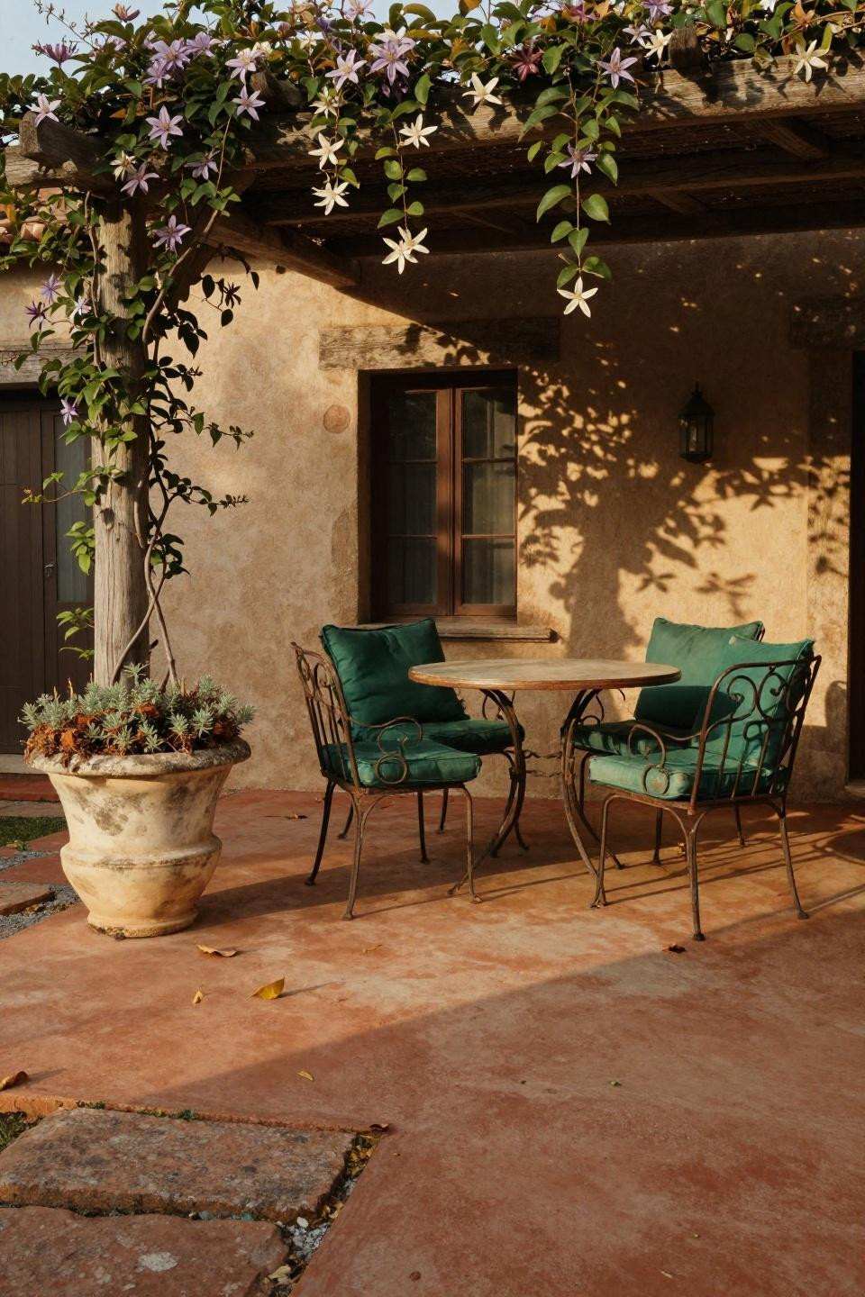 Stamped concrete colors showing terracotta brick pattern with climbing vine pergola