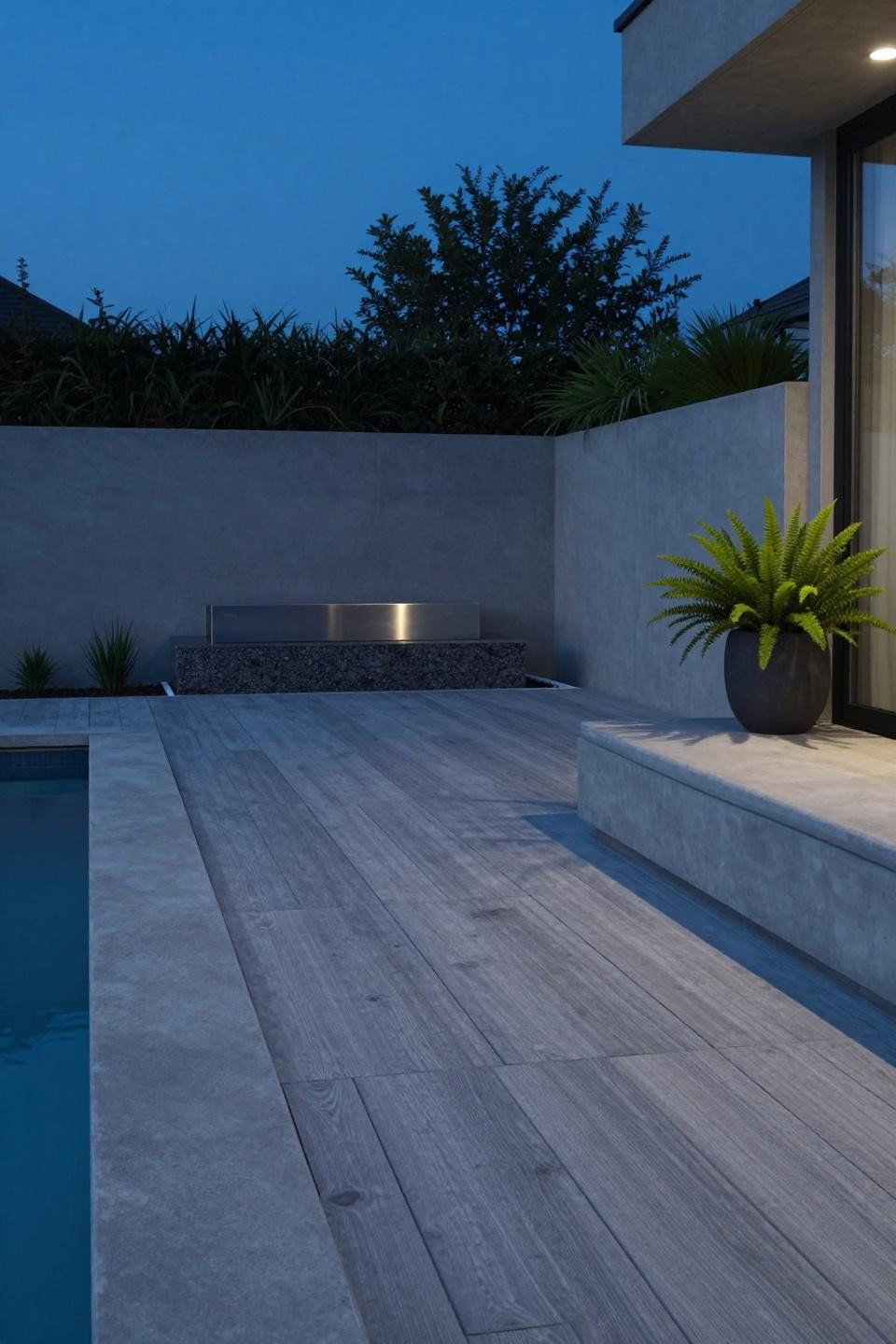 Poured concrete patio ideas featuring wood plank impression in cool grey blue tones