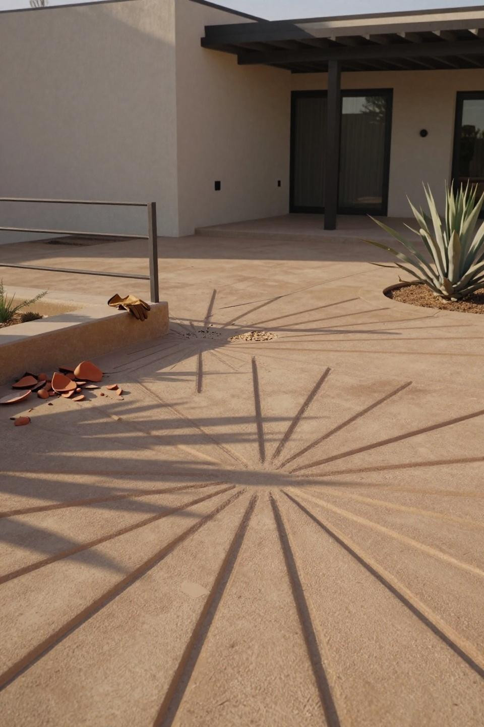 Stamped concrete driveway showing bold geometric sunburst radial pattern in honey tones