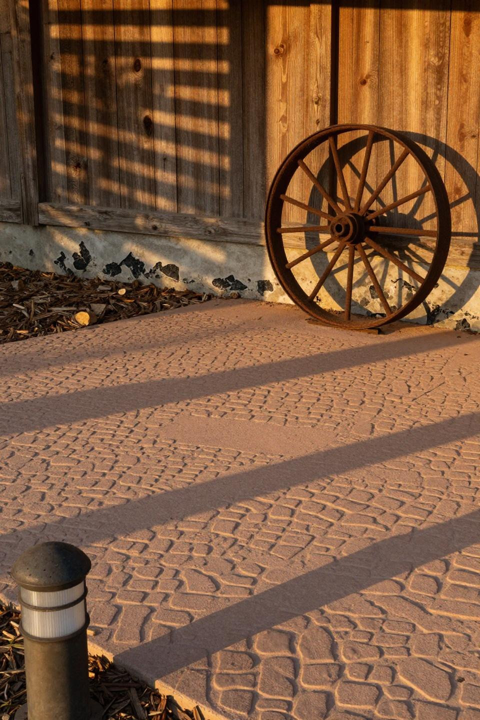 Stamped concrete patio designs with irregular cobblestone pattern in warm buff tones