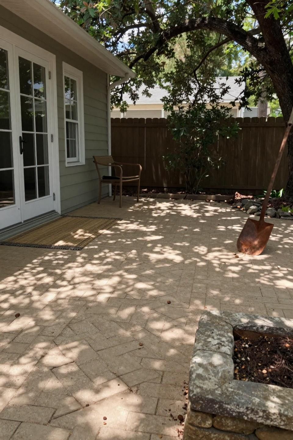 Stamped concrete colors showing warm sand herringbone brick pattern with natural oak canopy