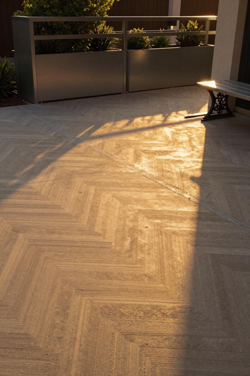 Stamped concrete front porch with honey-gold basketweave pattern in afternoon light