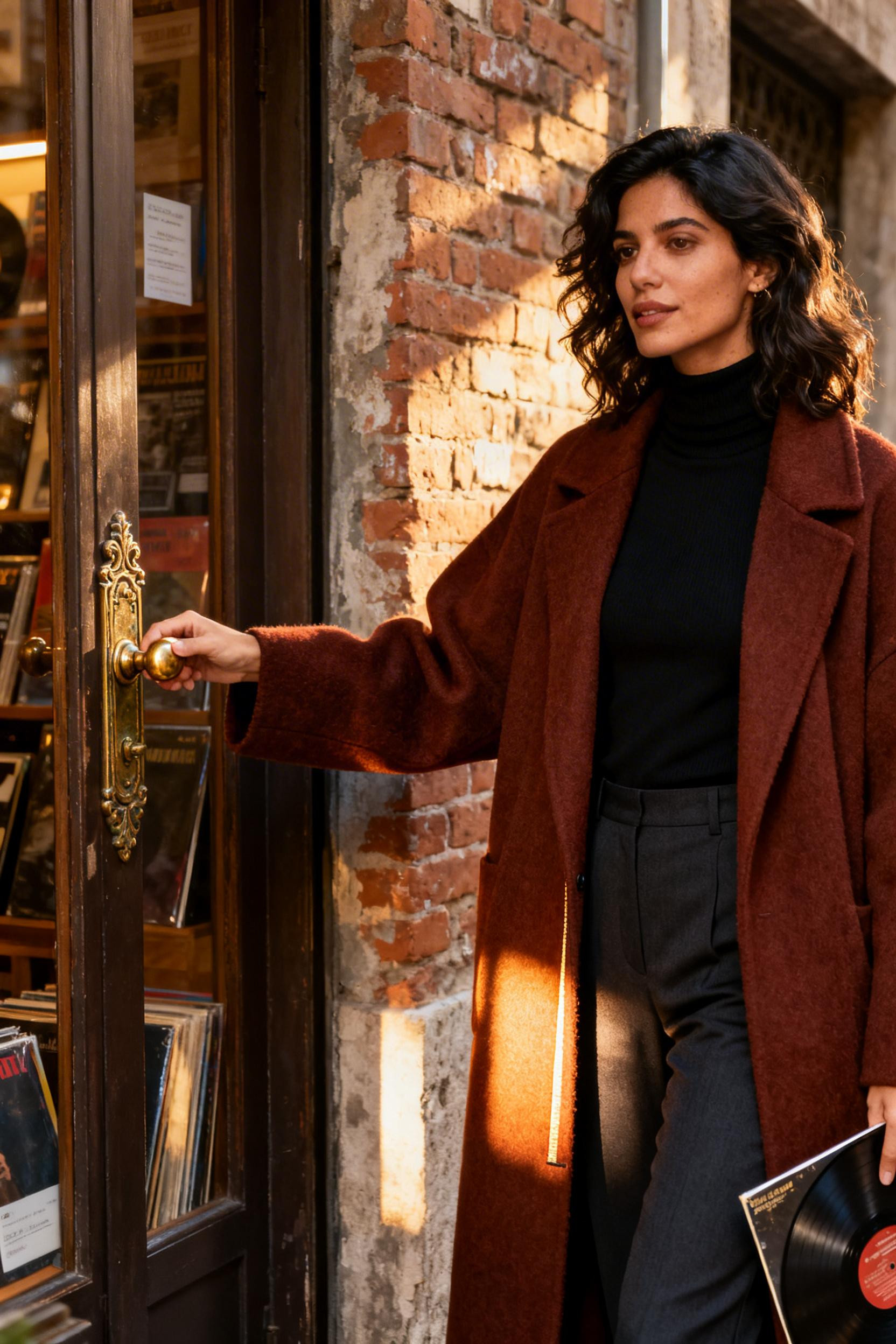 Monday Office Outfits Women - burnt sienna coat black turtleneck
