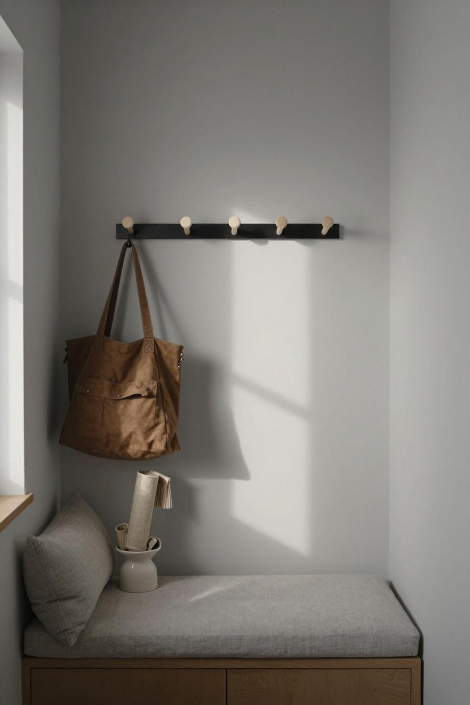 Wall-mounted blackened steel coat rod above linen-cushioned bench