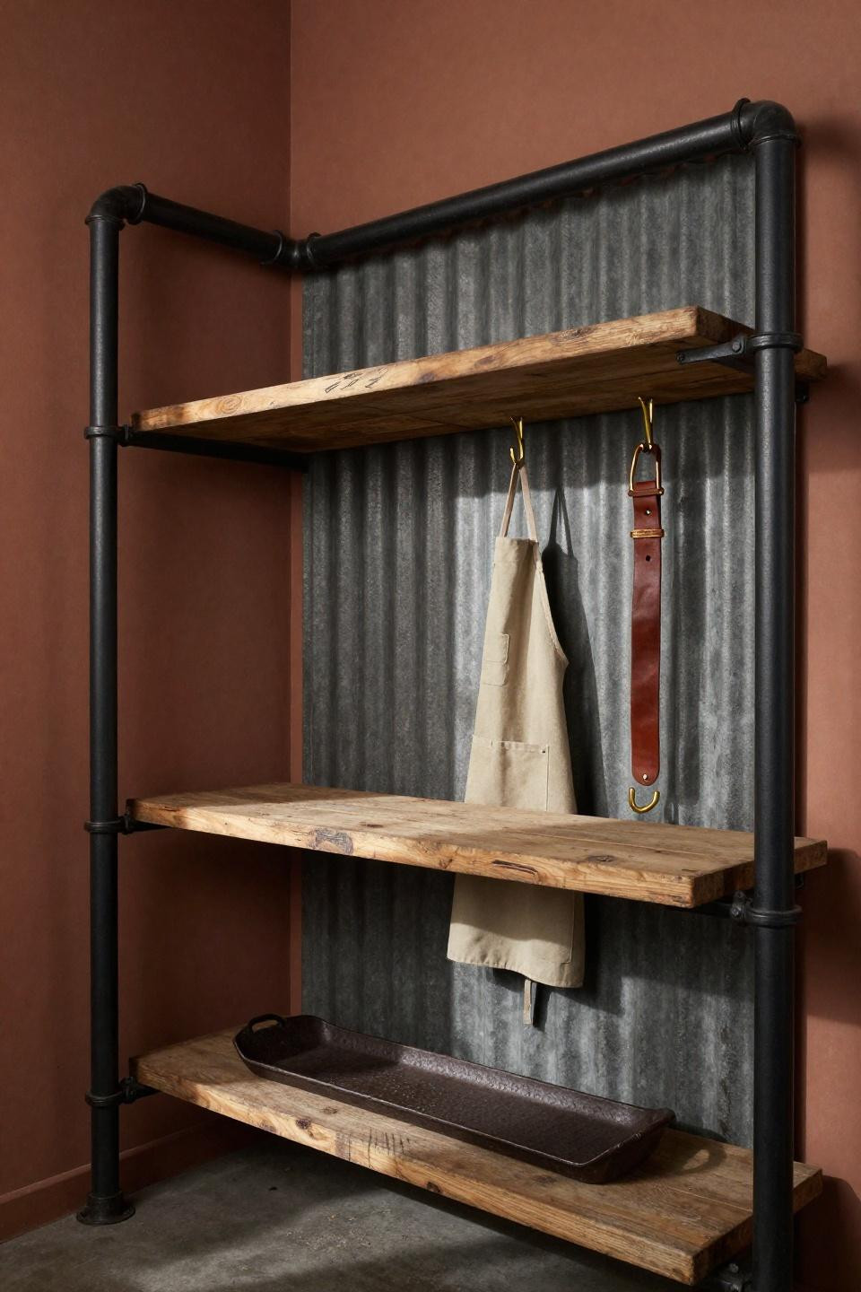 Floor-to-ceiling black iron pipe coat storage with reclaimed timber shelves