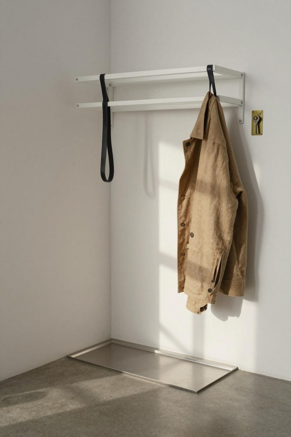 Contemporary white metal coat frame with black leather hanging loops
