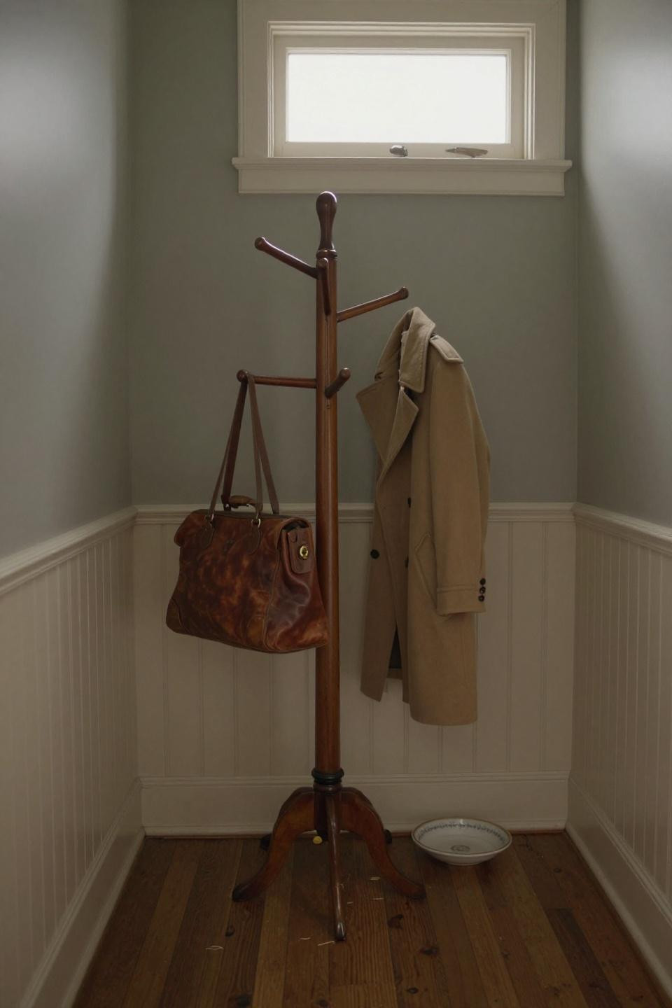 Vintage mahogany coat stand with curved arms in suburban hallway