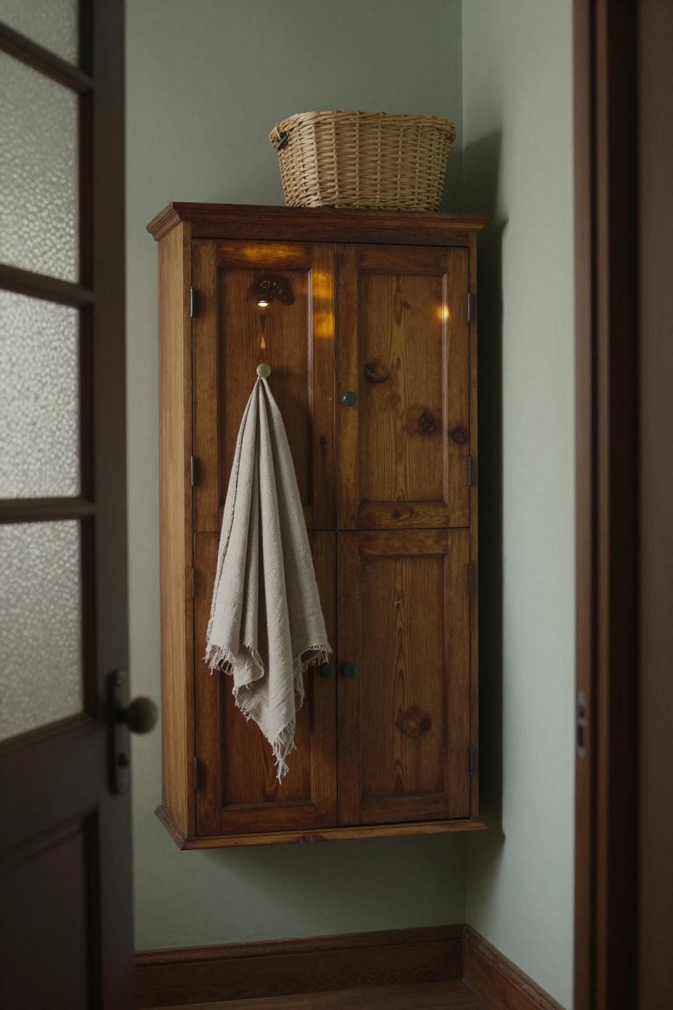 Vintage mahogany apothecary cabinet retrofitted as coat storage