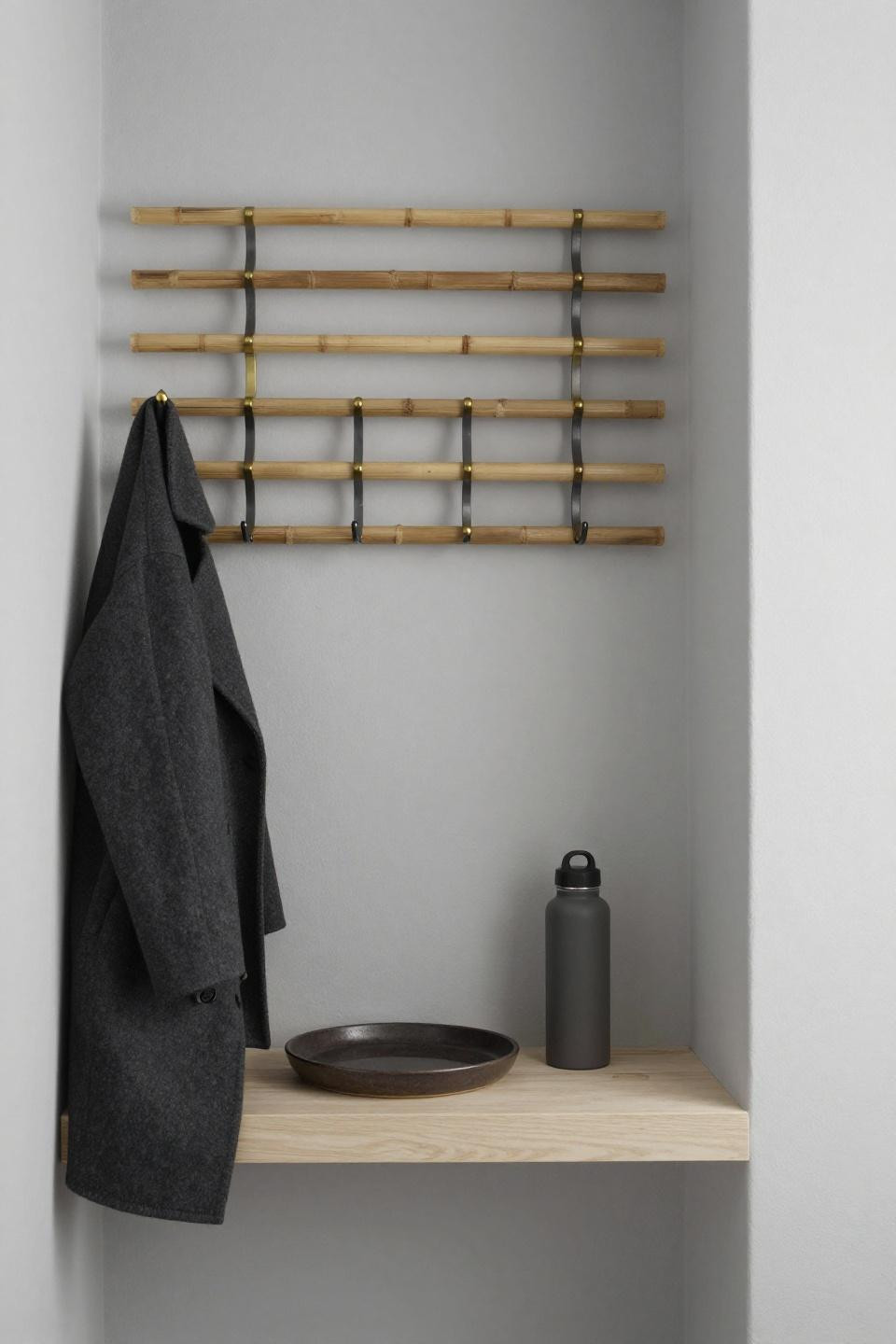 Minimalist Japandi bamboo slat wall-mounted coat system