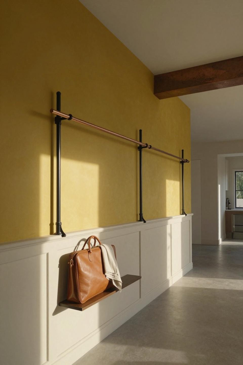 Contemporary entryway with mustard accent wall and steel coat rail