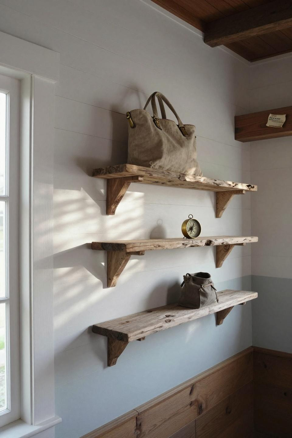 Salvaged driftwood horizontal rail on whitewashed shiplap wall
