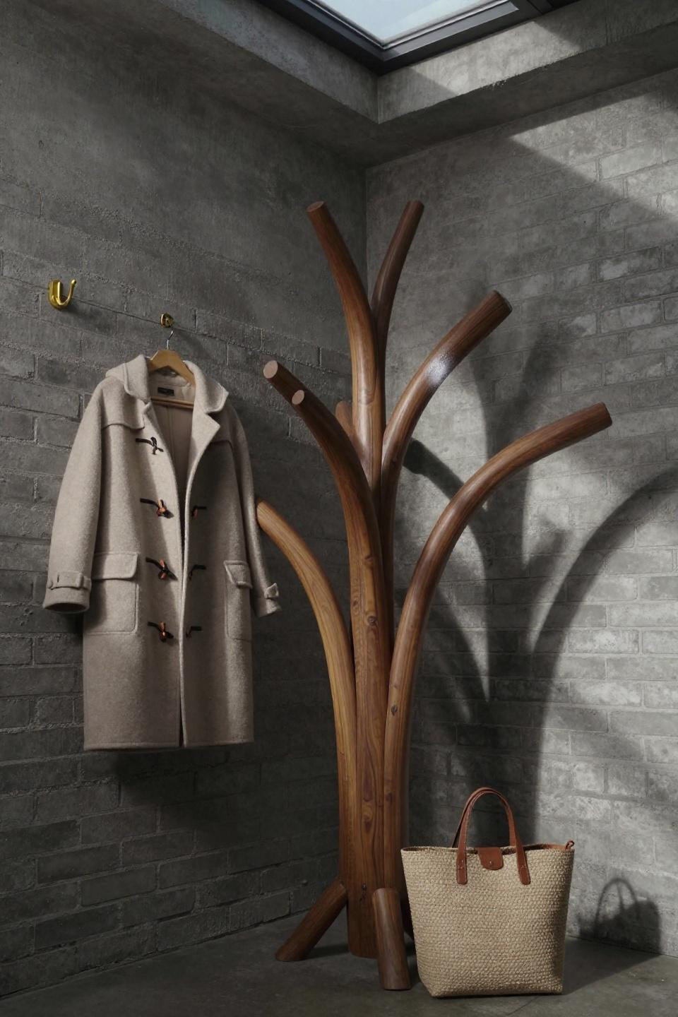 Sculptural walnut coat tree in industrial loft entryway