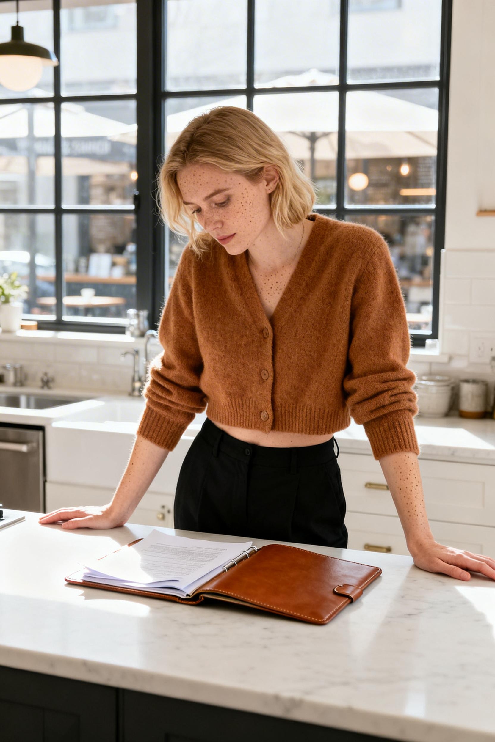 Chic Office Wear - caramel cardigan black trousers