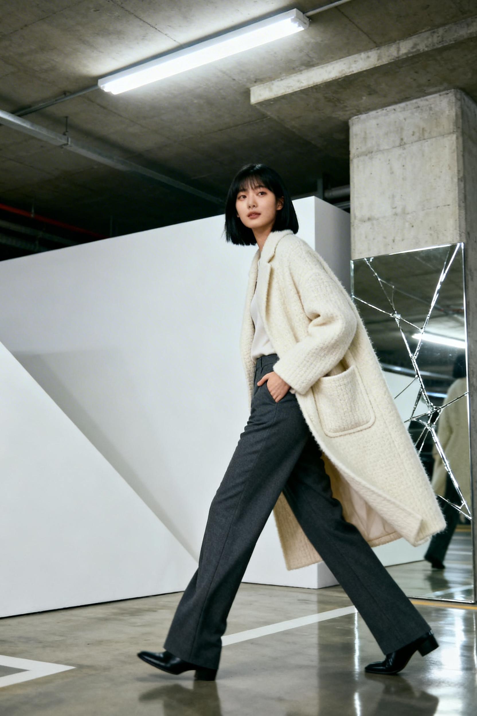 Classy Office Outfits Women - oversized cream coat charcoal trousers