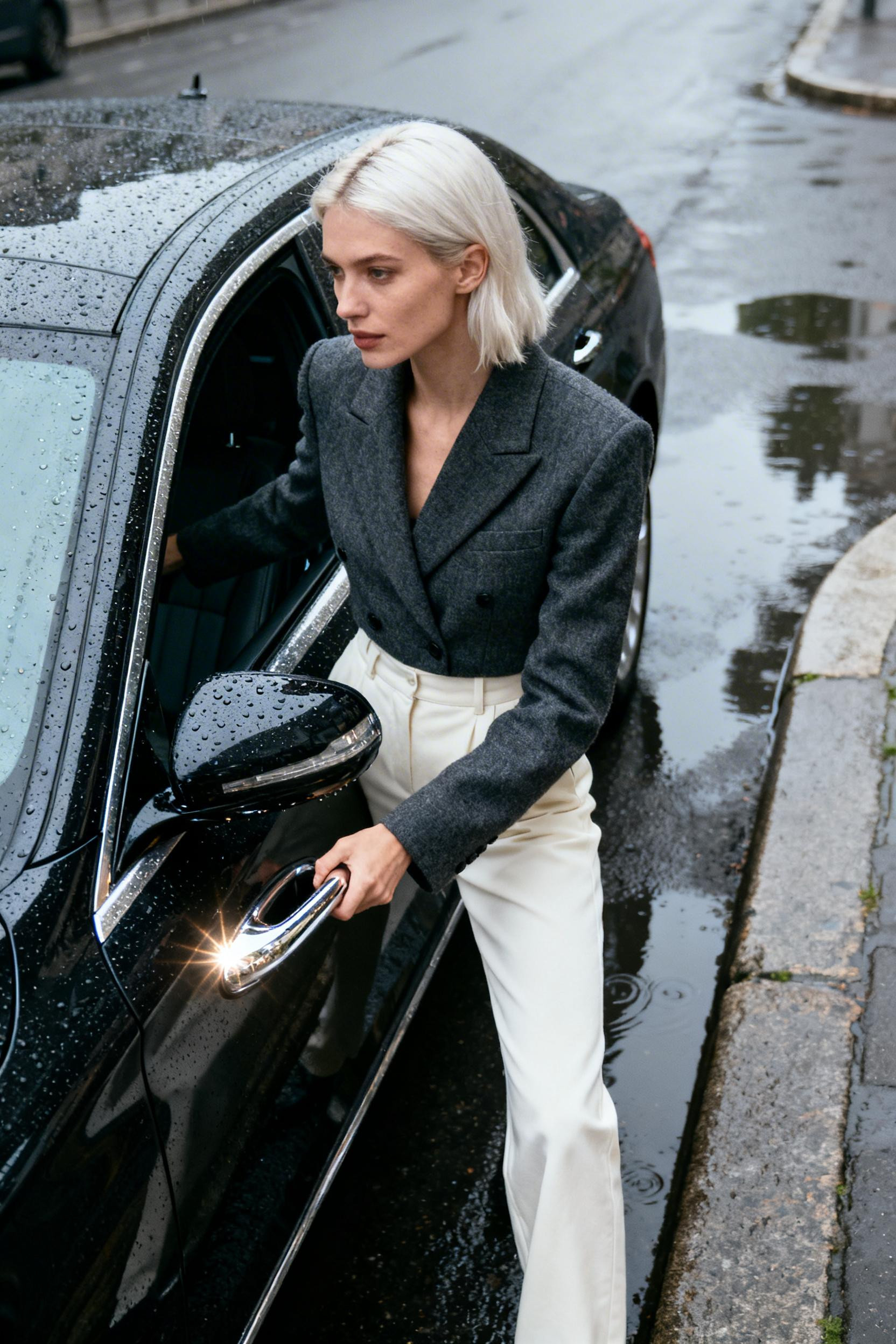 Chic Office Wear - charcoal blazer cream trousers rain