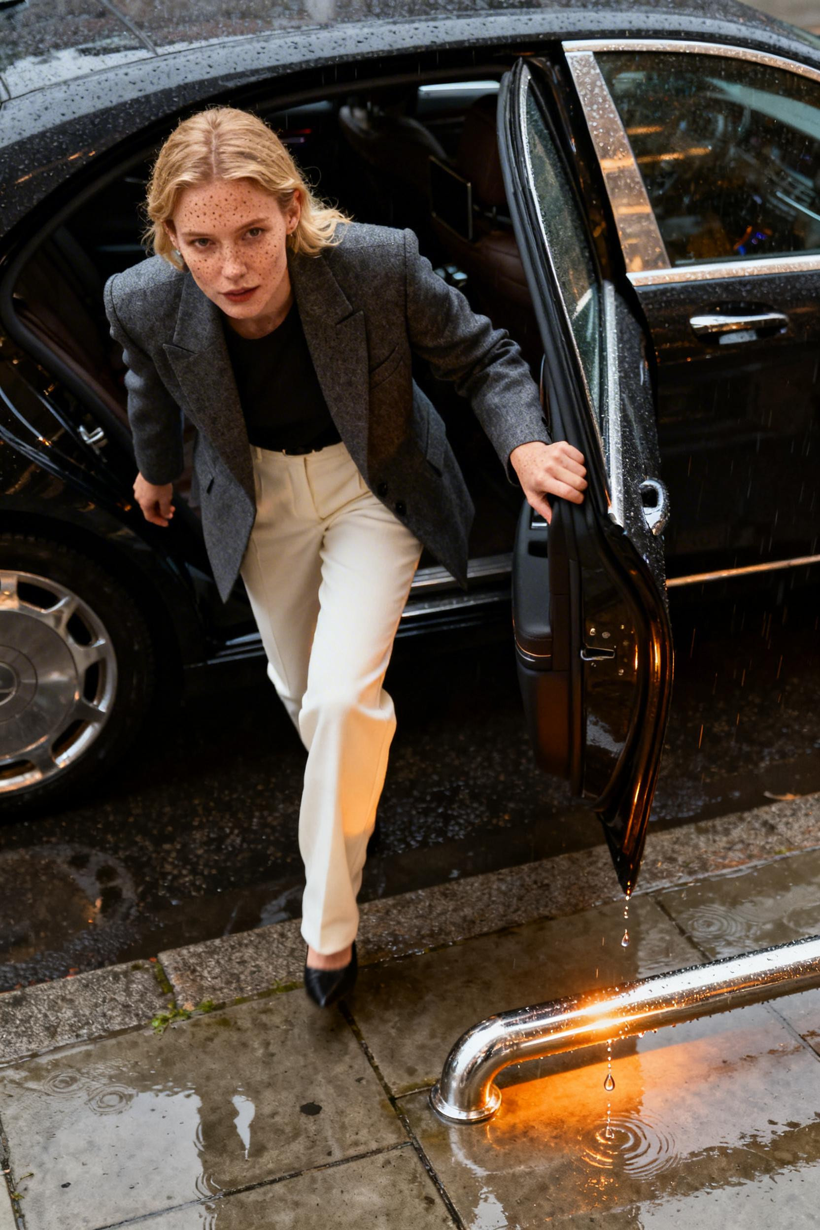Boss Lady Outfit - charcoal blazer cream trousers