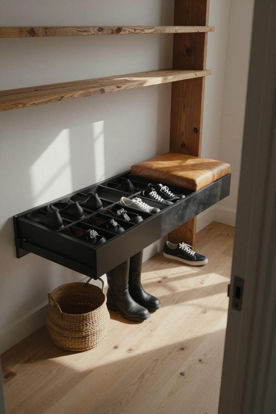 Shoe rack bench with modern blackened steel bench and integrated pull-out shoe tray
