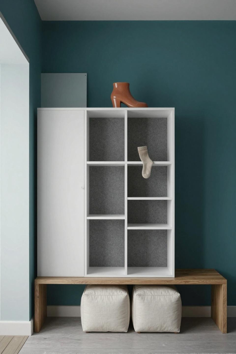 Shoe rack bench with floor-to-ceiling white melamine cubby system and grey felt lining