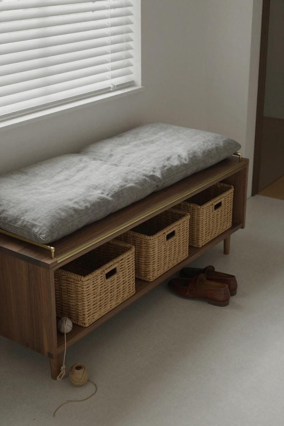 Shoe rack bench with Japandi low-profile walnut rack and pull-out woven seagrass baskets