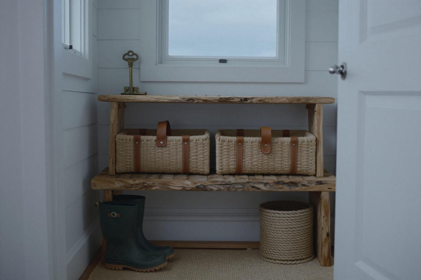 Shoe rack bench with coastal weathered driftwood rack and woven sand-toned leather straps