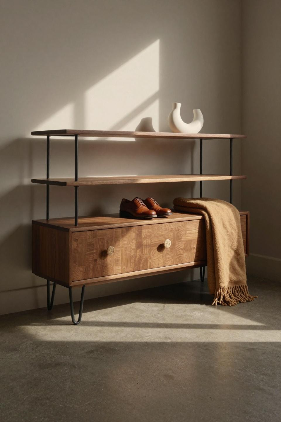 Shoe rack bench with mid-century walnut credenza and blackened steel hairpin legs