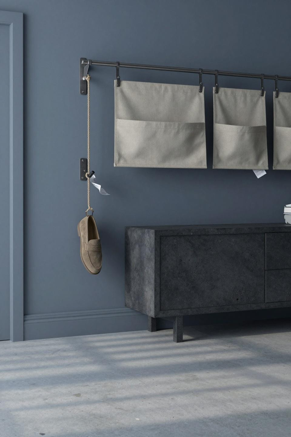 Shoe rack bench with industrial wall-mounted steel rod rail system and oatmeal canvas organizers