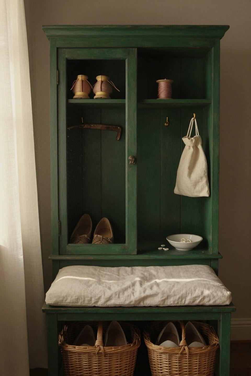 Shoe rack bench with vintage deep forest green painted wooden hall tree and wicker baskets