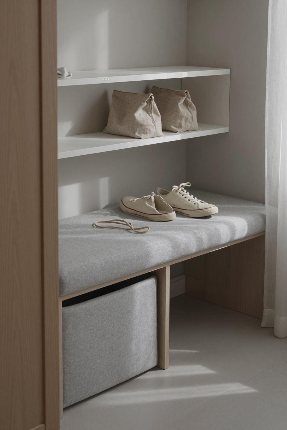 Shoe rack bench with minimalist white oak floating shelf and pale grey upholstered storage bench