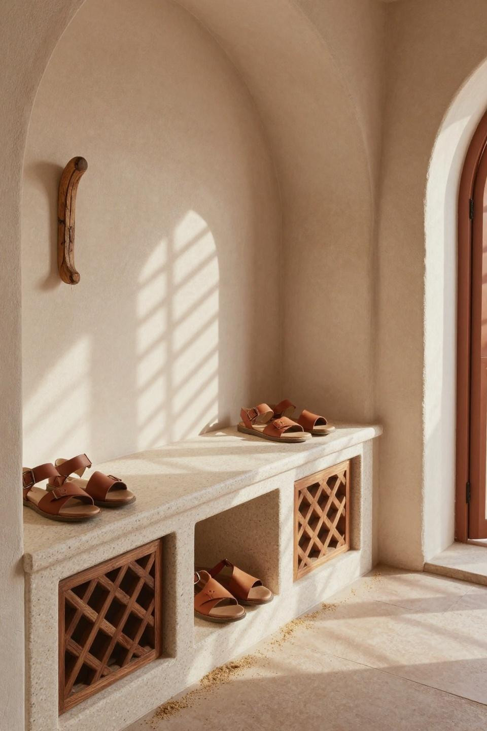 Shoe rack bench with Mediterranean cream terrazzo and hand-carved olive wood lattice