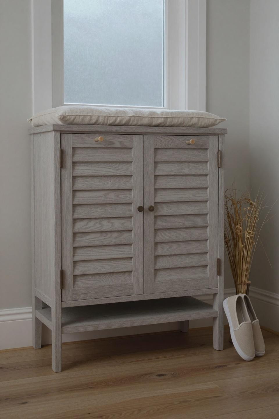 Shoe rack bench with pale grey limed oak shoe cabinet and horizontal slatted doors