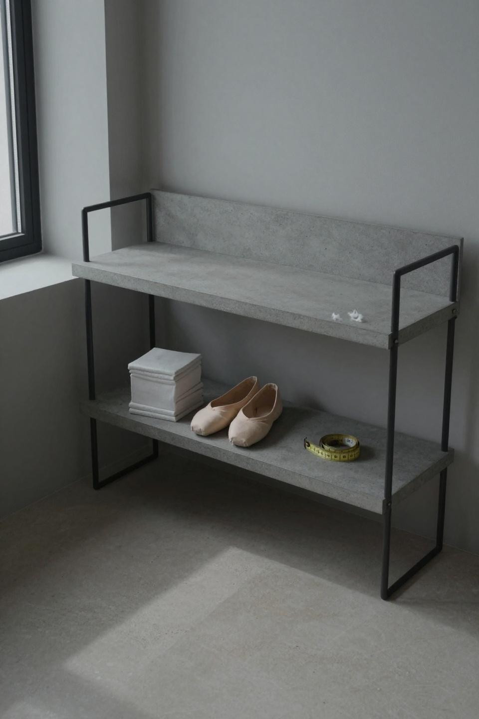 Shoe rack bench with minimalist concrete grey limed ash floating shelf system
